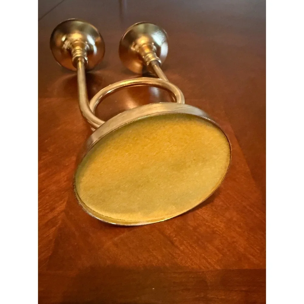 Vintage Brass French Horn Double Taper Candle Holder Musical Candelabra Gold 10